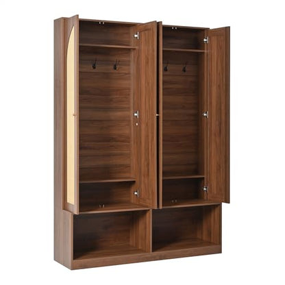 JIVOIT Bohemian Farmhouse Widen Hall Tree with 4 Rattan Doors, Versatile 4-In-1 Hall Tree, Mid-Century Entryway Shoe Cabinet with Adjustable Shelf and 6 Hooks, Seating Bench for Living Room - color: Walnut//53