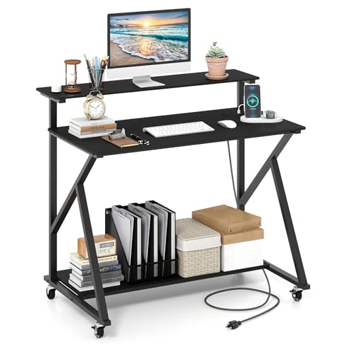 Giantex Rolling Computer Desk with Charging Station, Mobile Portable Laptop Desk with Monitor Stand & Storage Shelf, Small Desk with Lockable Wheels for Small Spaces, Home Office (Black) - color: Black, size: 26"D x 39.5"W
