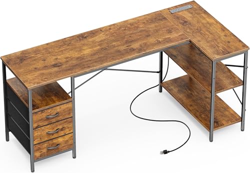 Huuger L Shaped Office Desk with Power Outlets & 3 Drawers | 63 Inch Reversible Computer Desk with Shelves, Home Office Table for Corner Work Study Writing Gaming, Rustic Brown - color: Rustic Brown, size: 63inch