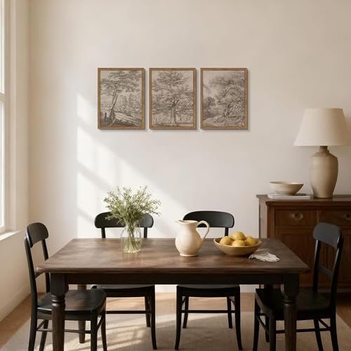 Vintage Landscape Framed Wall Art Set of 3, Neutral Nature Wabi Sabi Canvas Wall Decor Painting, Rustic Retro Botanical Tree Artwork Prints Pictures for Farmhouse Living Room Bedroom 12x16 Inch - color: Grey Tree, size: 16L" x 12W"