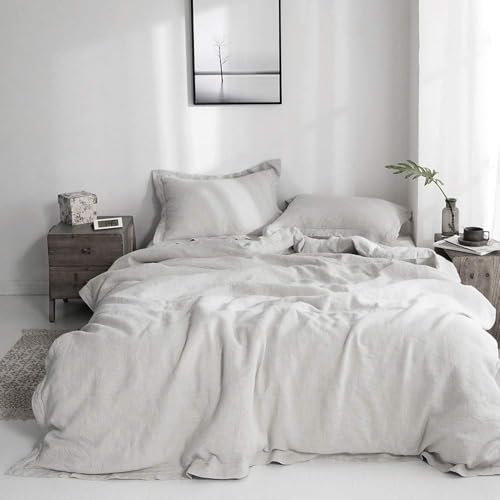 Simple&Opulence 100% Linen Duvet Cover Set with Embroidery Border Washed - 3 Pieces (1 Duvet Cover with 2 Pillow Shams) with Button Closure Soft Breathable Farmhouse - Light Grey, Queen Size - color: Light Grey, size: Queen