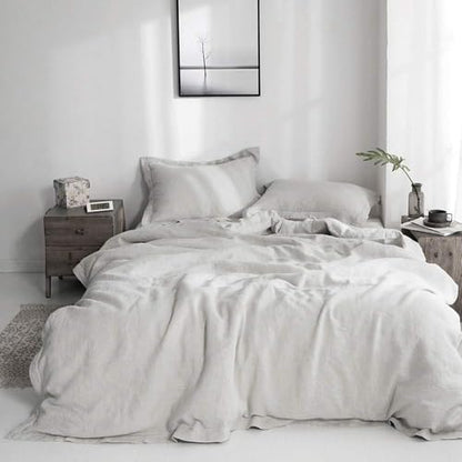 Simple&Opulence 100% Linen Duvet Cover Set with Embroidery Border Washed - 3 Pieces (1 Duvet Cover with 2 Pillow Shams) with Button Closure Soft Breathable Farmhouse - Light Grey, Queen Size - color: Light Grey, size: Queen