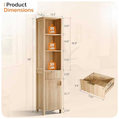 VINGLI Narrow Fluted Bathroom Floor Skinny Storage Cabinet with 1 Fluted Door&Drawer,68" Tall Narrow12 Inch Deep Slim Bathroom Storage Cabinet for Small Space w/3 Adjustable Shelves,Natural Oak Color - color: Natural Oak, size: 68"H Narrow Cabinet