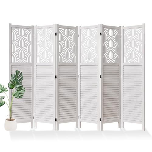 Svimi Folding Room Divider, 66.9 Inch 6 Panels Wood Carved Privacy Screens, Free Assembled Freestanding Portable Separation Wall for Home Office Restaurant Bedroom (White) - color: White, size: 6 Panels