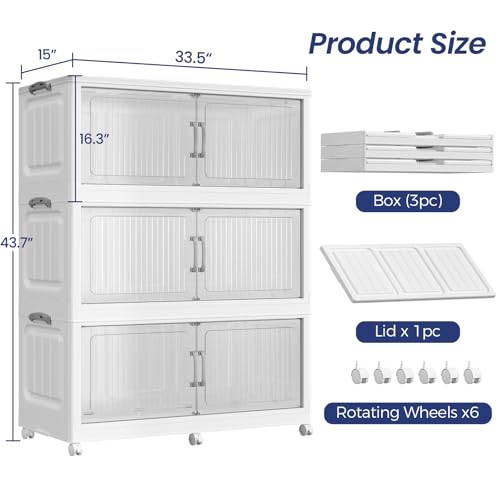150Gal Extra Large Stackable Storage Bins with Lid, 600QT Foldable Collapsible Storage Box with Doors and Wheels, Plastic Closet Organizers Container Drawer for Bedroom Dorm Kitchen, 3Pack - size: 50Gal-3Pack