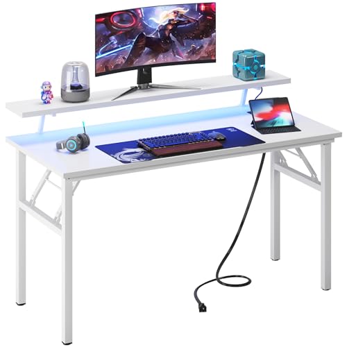 DlandHome 47" Computer Desk with Power Outlets & LED Lights, White, Bedroom | Folding Desk with Monitor Stand, Writing Study Table Gaming Desk, Metal Frame, Fully Assembled, Home Office Small Spaces - color: White + White, size: 47 Inches + Outlets