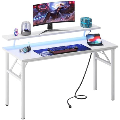 DlandHome 47" Computer Desk with Power Outlets & LED Lights, White, Bedroom | Folding Desk with Monitor Stand, Writing Study Table Gaming Desk, Metal Frame, Fully Assembled, Home Office Small Spaces - color: White + White, size: 47 Inches + Outlets