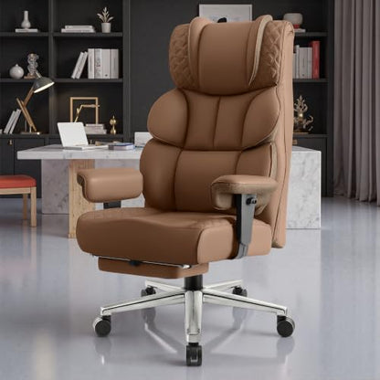 BestGlory Office Desk Chair, Big and Tall Leather Gaming Chair with Footrest, Ergonomic Comfy Executive High-Back Reclining Computer Chairs, Wide Swivel Rolling Wheels and Padded Lumbar Support, Khaki - color: Khaki, style: 3 Position Reclining