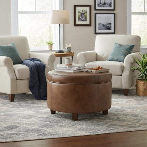 HomePop 24" Large Leatherette Storage Ottoman - Distressed Brown Faux Leather - color: Distressed Brown Faux Leather