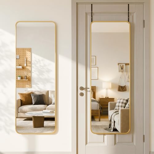 Antok 58"x20" Over the Door Mirror, Full Length Mirror Door Hanging with Aluminum Metal Frame, Rectangle Wall Mounted Body Mirrors for Bedroom, No-Drill Space Saving Dressing Mirrors, Gold - color: Gold, size: 58"L x 20"W