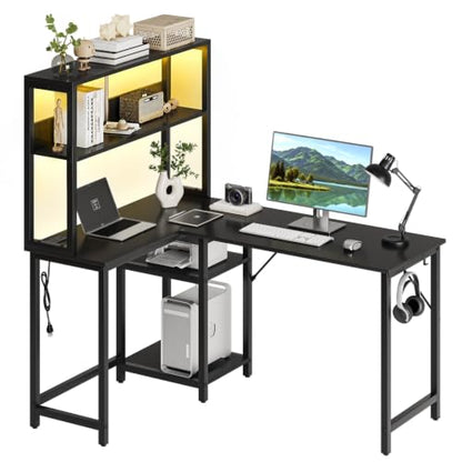 Sweetcrispy 53" Computer Desk, L Shaped Corner Gaming Desk, Power Outlet | Reversible Corner Computer Table, Adjustable Shelf CPU Stand, CPU Stand Hook, Home Office, Black - size: 53 Inch