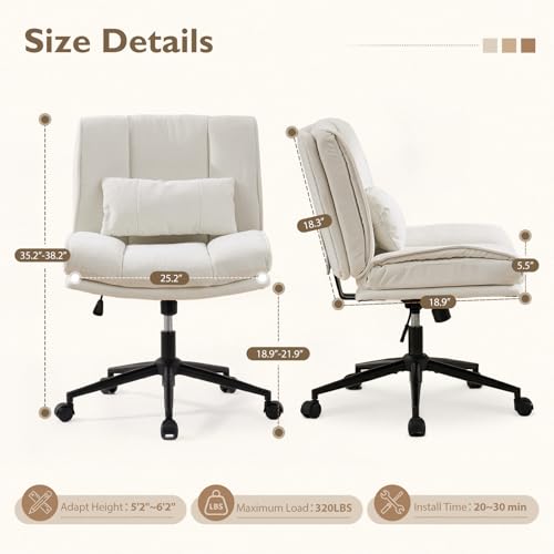 Armless Criss Cross Office Chair with Wheels,Chenille White | 5.5" Double Layers Thickened Seat Cushion and Backrest,Lumbar Pillow,Swivel Chair,Wide Comfortable Cross Legged,320LBS - color: White