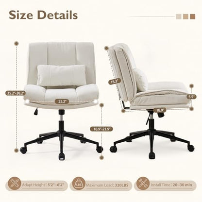 Armless Criss Cross Office Chair with Wheels,Chenille White | 5.5" Double Layers Thickened Seat Cushion and Backrest,Lumbar Pillow,Swivel Chair,Wide Comfortable Cross Legged,320LBS - color: White