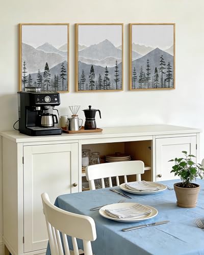 KUVIOKE Mountain Landscape Framed Wall Art Watercolor Nature Forest Painting Boho Farmhouse Rustic Room Decor for Bedroom Dining Room 12x16in (Natural Framed) - color: Blue Mountain, size: 12 x 16in x 3 Panels Natural