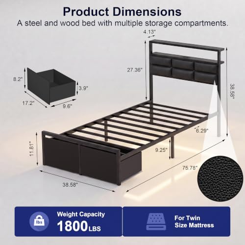 Twin Bed Frame with 2 Storage Drawers, LED Lights & Charging Station, Upholstered Headboard with Shelves, Heavy Duty Metal Platform, No Box Spring Needed, Noise Free, Easy Assembly - size: Twin