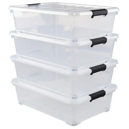 25 L Clear Plastic Flat Storage Bins Under Bed with Lids, 4 Pack | Latch Bin, With Wheels