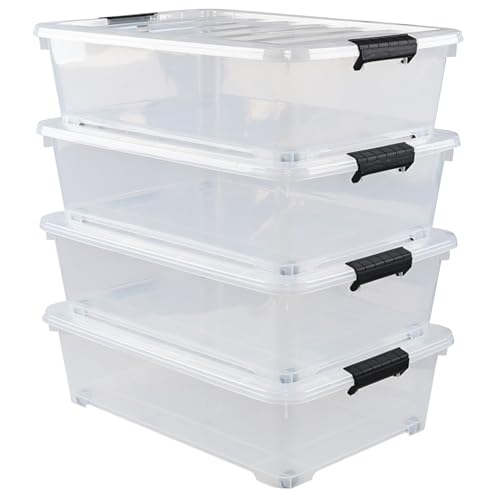 25 L Clear Plastic Flat Storage Bins Under Bed with Lids, 4 Pack | Latch Bin, With Wheels