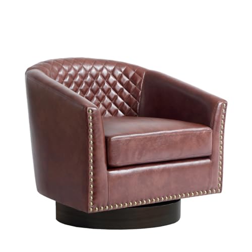 Faux Leather Swivel Accent Chair, Modern Barrel Club Chair, Red Brown | Comfy Living Room Chair, Modern Nailhead Trim Round Armchair Bedroom Reading Seat with Removable Cushion, Wood Frame - color: Red Brown