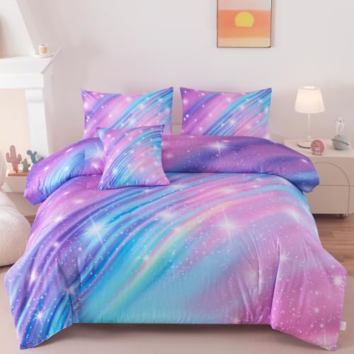 Full Bedding Set for Girls, Glitter Rainbow Comforter Set for Girls, Galaxy Purple Bedding Sets Full Size - color: Purple, size: Full-4pcs