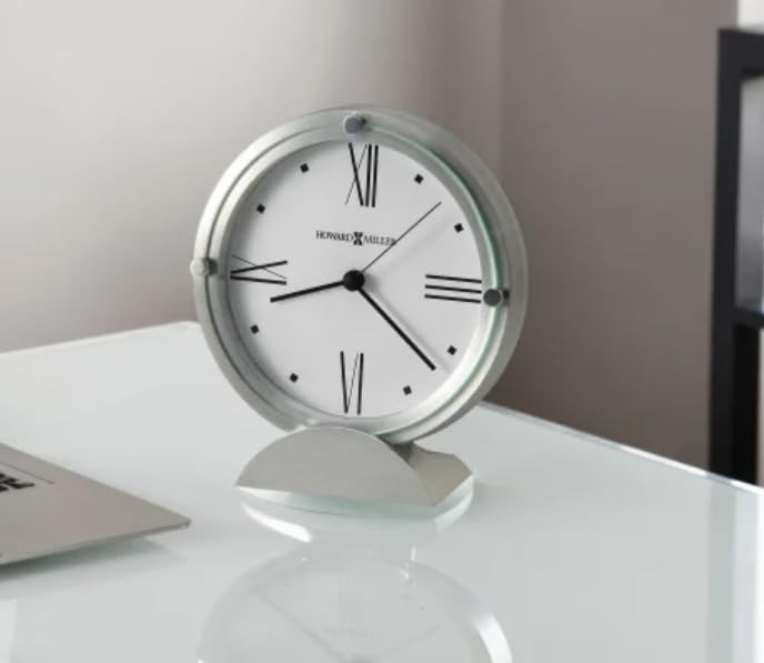 Howard Miller Simon II Tabletop Clock – Brushed Aluminum Finish, White Dial, Roman Numerals, Flat Glass Crystal, Interior Light