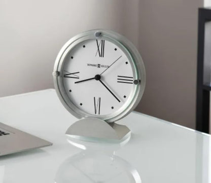 Howard Miller Simon II Tabletop Clock – Brushed Aluminum Finish, White Dial, Roman Numerals, Flat Glass Crystal, Interior Light