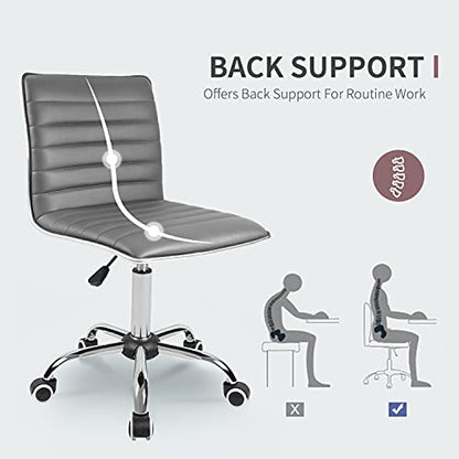 JUMMICO Armless Vanity Office Chair with Wheels, Small Cute Makeup Desk Chair Ribbed Leather Swivel Computer Task Chair (Gray) - color: Grey