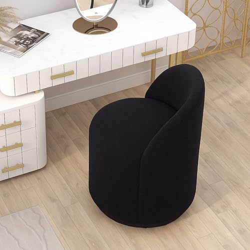 HNY Upholstered Kitchen & Dining Room Barrel Chair, Mid Century Modern Round Sherpa Boucle Dining Chair, 360 Degree Swivel Comfy Armless Accent Makeup Vanity Side Chair for Bedroom Living Room, Black - color: Black