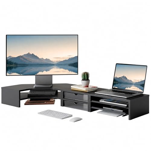 Fenge Dual Monitor Stand, Corner Desk Shelf with Drawer & Slide-Out Tray | Modular Design for Flexible Layouts, 2-Tier Storage Desktop Organizer for Computer, Laptop, Printer and Telephone - color: Black