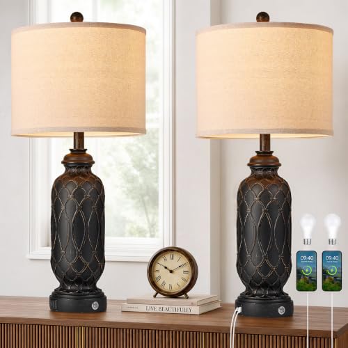 Black Farmhouse Lamps for Living Room Set of 2, 28" Bedroom Lamps Set of 2 with USB Ports, Dimmable Bedside Lamps Nightstand Lamps - color: 5.Black-Gold