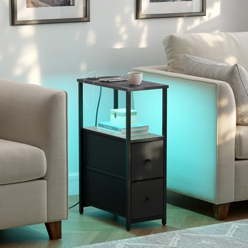TUTOTAK Narrow LED End Table with Charging Station, Skinny Side Table | Bedside Table with Outlets, Nightstand with 2 Cloth Drawers, Couch Table for Living Room, Bedroom, Charcoal Grey TB01BY056 - color: Charcoal Grey, style: 2 Drawers with Plug & Light