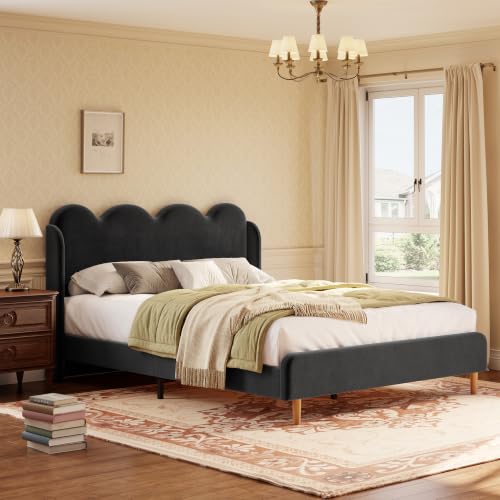 Garvee Full Size Upholstered Platform Bed Frame, Scalloped Wave Tall Headboard, Chenille Wingback Design, Wood Slat Support, No Box Spring Needed, Easy Assembly, Black | Scalloped Wave Tall Headboard, Wood Slat Support, No Box Spring Needed, Easy Assembly