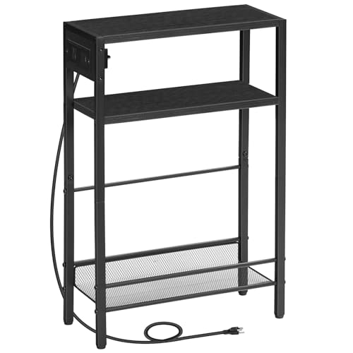 HOOBRO Small Narrow Side Table with Charging Station, Skinny End Table for Small Spaces, Slim Nightstand with USB Ports Outlet, Sofa Beside Table with Storage Shelf, Black BB102UBZ01 - color: Black