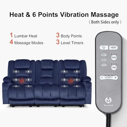 MCombo 82 in 3 Seater Reclining Sofa with Heat and Massage PR647 (Blue) | 155° Zero Gravity, Reclining Middle Seat, Dual Charging Ports, Cup Holders, FSC & OEKO Certified - color: Navy Blue, size: 3 Seater Recliner with Zero Gravity