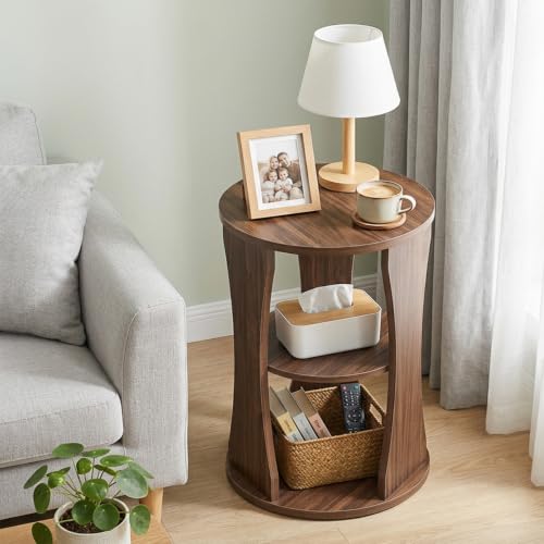 Round Side Table, 3-Tier Small End Table with Storage Shelves, Wooden Accent Table for Living Room, Bedroom, Walnut ET15WL - color: Walnut