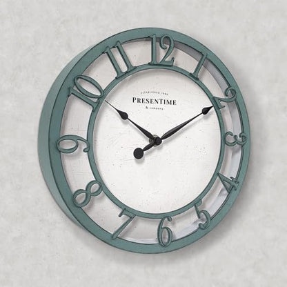 10" Farmhouse Series Wall Clock | Shiplap Style, Silent No Ticking, Raised 3D Arabic Numeral, Aged Teal Finish - color: Aged Teal Finish, size: 10 inch