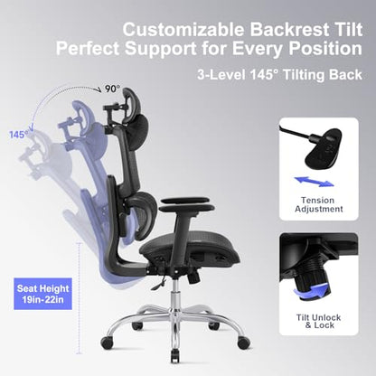 Ergonomic Office Chair with 3D Headrest, Computer Chair with Adjustable Backrest & 3D Armrest, Gaming Chair with Adaptive Lumbar Support, Mesh Backrest & Cushion, Black - color: Black, style: Eco