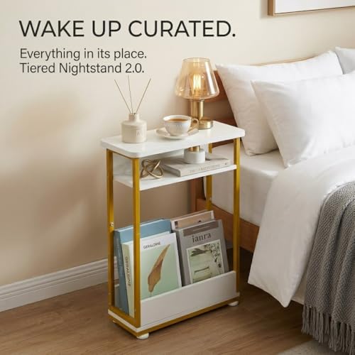 Narrow Side Table,3-Tier Slim End Table with Storage Shelf,Modern Sofa Table Thin Side Table for Small Spaces, Skinny Bedside Table Small Nightstand with Magazine Rack Space Saving/White+Gold - color: White+gold