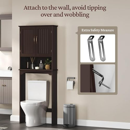 Yaheetech Over The Toilet Storage with 2 Doors & Adjustable Shelf, Free Standing Toilet Rack Wooden Space-saving Collect Cabinet, Bathroom Furniture, 9Dx24.5Wx66H Inches, Espresso | Doors Hide Clutter, Open Cubby Keeps Essentials Handy, Slim 9-Inch Depth