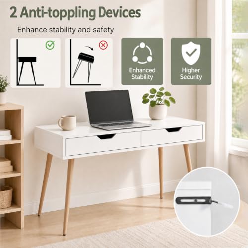 GIANTEX Mid-Century Desk with 2 Drawers, 42.5" Writing Study Desk with Tapered Legs, Home Office Computer Workstation PC Laptop Desk, Modern Makeup Vanity Table for Bedroom (White & Natural)