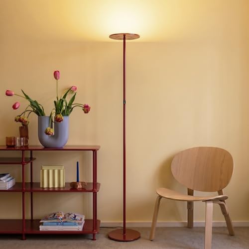 Brightech Sky LED Floor lamp, Torchiere Super Bright Floor Lamp for Living Room Decor & Office - Dimmable, Tall Standing Lamp with Warm Light for Bedroom & Reading - Red - color: Red