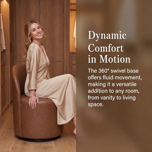 HNY Upholstered Kitchen & Dining Room Barrel Chair, Mid Century Modern Round Leather Dining Chair, 360 Degree Swivel Comfy Armless Accent Makeup Vanity Side Chair for Bedroom Living Room, Brown - color: Brown