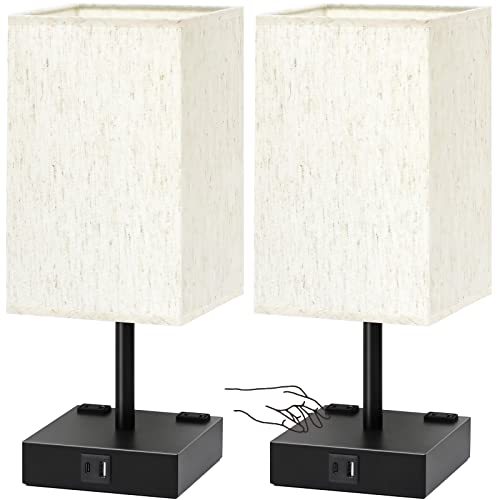 Bedside Table Lamps Set of 2 - Touch Nightstand Lamp for Bedroom with USB C+A Charging Ports & AC Outlets, 3-Way Dimmable Desk Lamp Flaxen Fabric Shade for Living Room Office(Bulb Included) - color: Flaxen