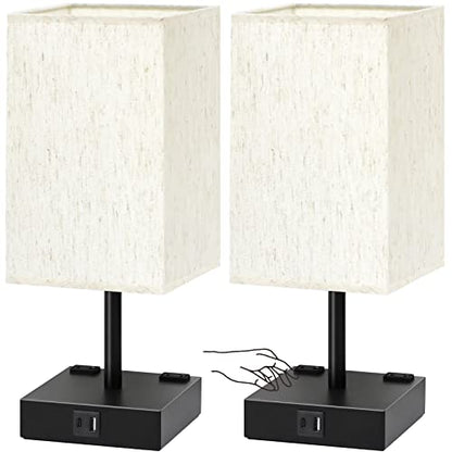 Bedside Table Lamps Set of 2 - Touch Nightstand Lamp for Bedroom with USB C+A Charging Ports & AC Outlets, 3-Way Dimmable Desk Lamp Flaxen Fabric Shade for Living Room Office(Bulb Included) - color: Flaxen