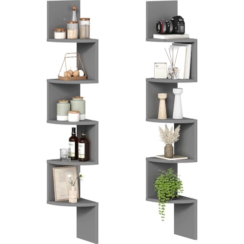 HOOBRO Corner Shelf Wall-Mounted, Set of 2 Floating Corner Shelves for Wall, 5-Tier Bookshelves for Wall Decor in Living Room, Bedroom, Home Office, Dove Gray GY26BJP201 - color: Dove Gray, size: 49.2 Inches