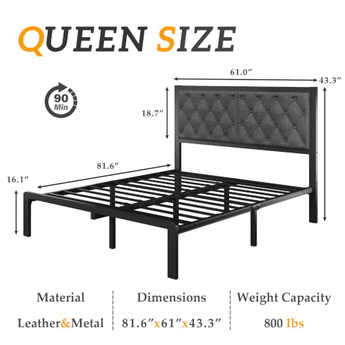 HISOFT Queen Bed Frame with Upholstered Button Tufted Headboard, Bed Frame Platform Metal Slats Support, Under Bed Storage, No Box Spring Needed, Noise-Free, Easy Assembly, Grey - color: Grey, size: Queen