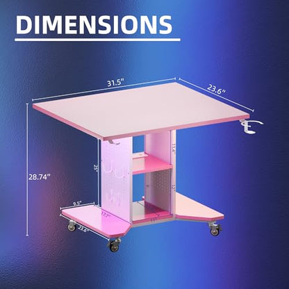 Pamray Small Gaming Desk Rolling Computer Table Pink | Movable, with Led Lights Power Outlets, with Storage Pegboard and Hook, Sturdy, Suitable for Study Gaming Bedroom Dorm - color: Pink
