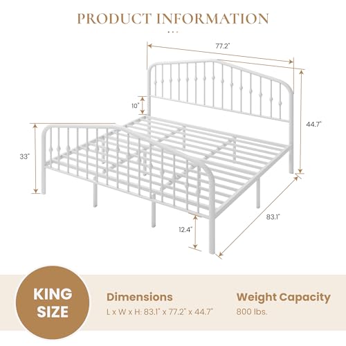 SHA CERLIN King Size Metal Bed Frame with Wrought Iron-Art Headboard, White | Victorian Style Metal Platform Bed Frame, Wrought Iron-Art Headboard and Footboard, Under-Bed Storage, No Box Spring Needed - color: White, size: King