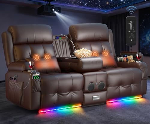 Home Theater Seating, Power Loveseat Recliner Sofa with Massage & Heat | Wall Hugger Reclining Loveseat with USB, RV Couch with LED Lights, Flip Backrest, Cup Holders for Movie Theater, Gaming Room - color: Brown, size: 72" - 2 Seats