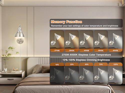 2 Pack Plug in Wall Sconces with Remote Control, Dimming, Adjustable Colors 2700K-6500K, Swing Arm Wall Lamps with Night Light & Timer, Plug-in or Hardwired, LED Bulbs Included, Brushed Nickel - size: Brushed Nickel-2 PACK(Bulbs+Remote)