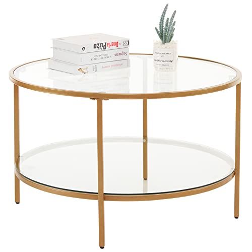 VINGLI 30" Glass Coffee Table, Round Coffee Tables Living Room, Matte Gold | 2-Tier Clear Coffee Table with Storage, Circle Side Table Metal Frame, Modern Center Table Mesa de Centro para Sala - color: Clear-matte Gold, size: 30.7"